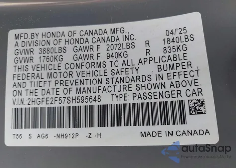 2025 Honda Civic Sport from USA, damaged, VIN 2HGFE2F57SH595648